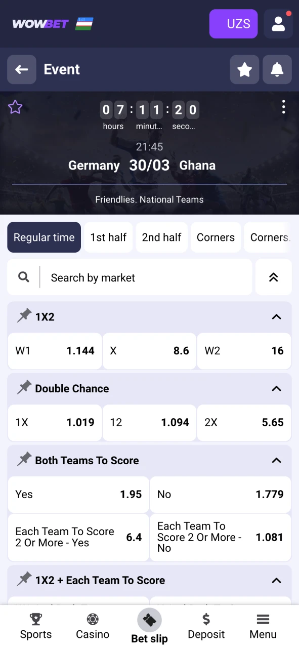 Find the event you need in the betting section of the Wowbet app.