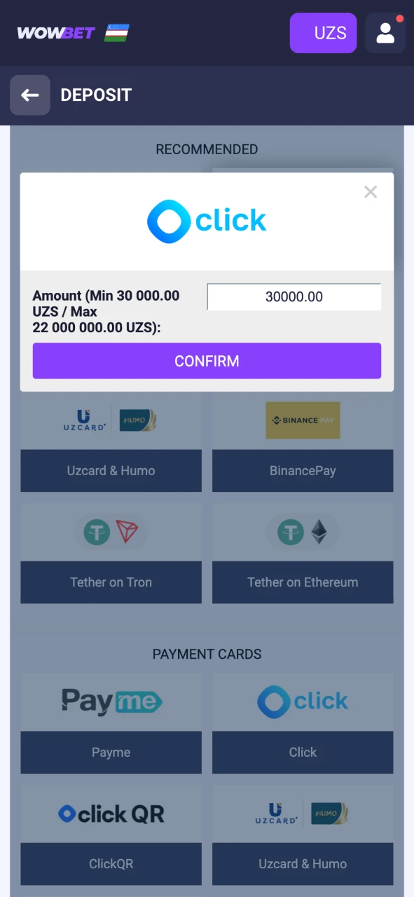 Choose a convenient payment method on Wowbet and top up your balance.