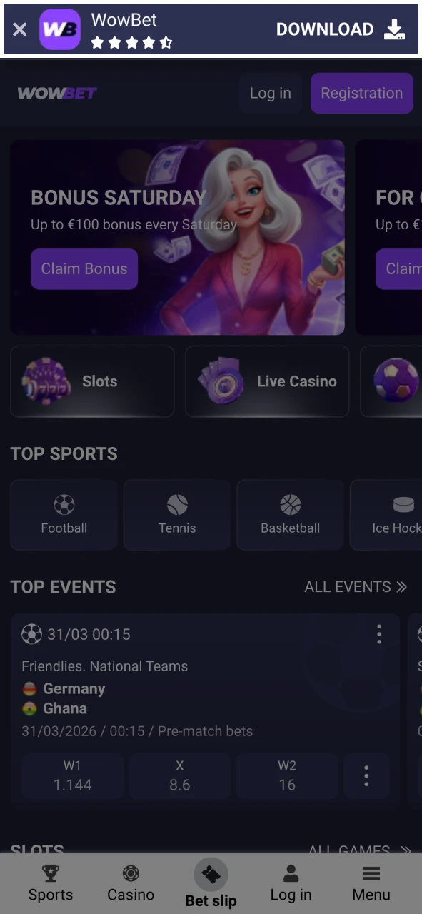 Download the Wowbet app for Android or iOS.
