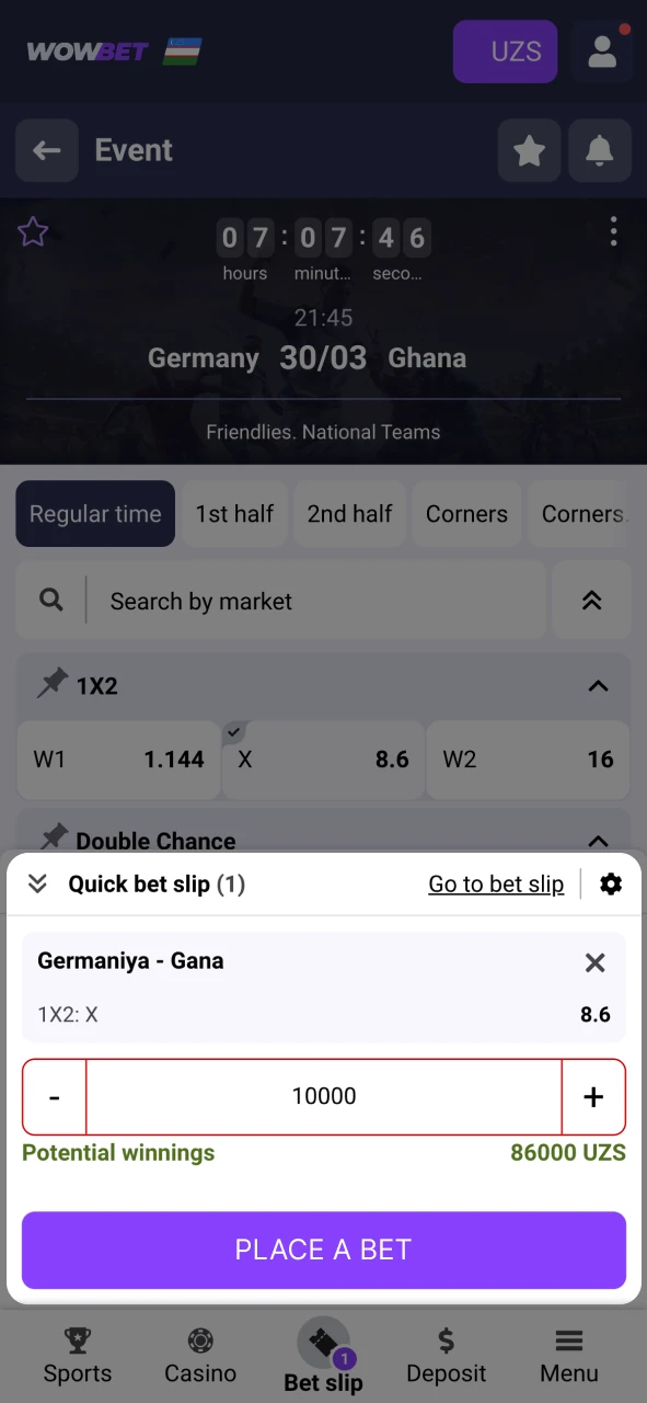 Select the bet type on Wowbet and the amount.