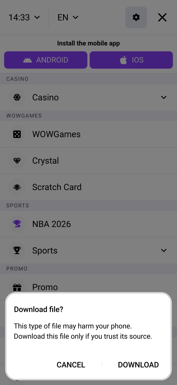 Confirm the action to start downloading the Wowbet app.