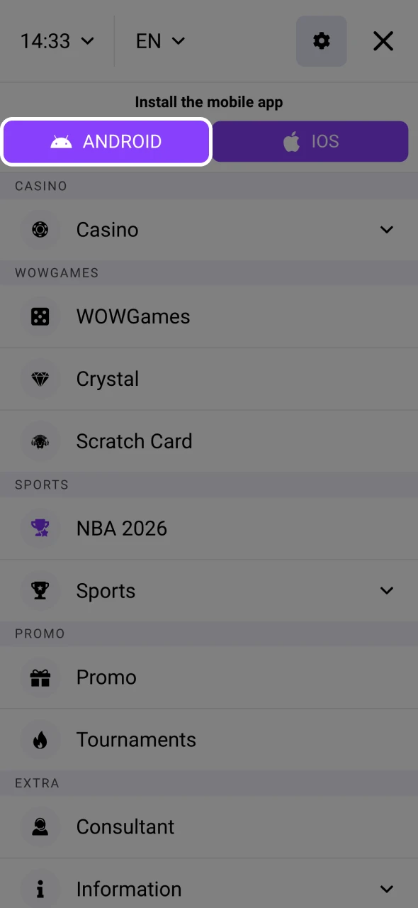 Go to the Wowbet platform to download the APK file.