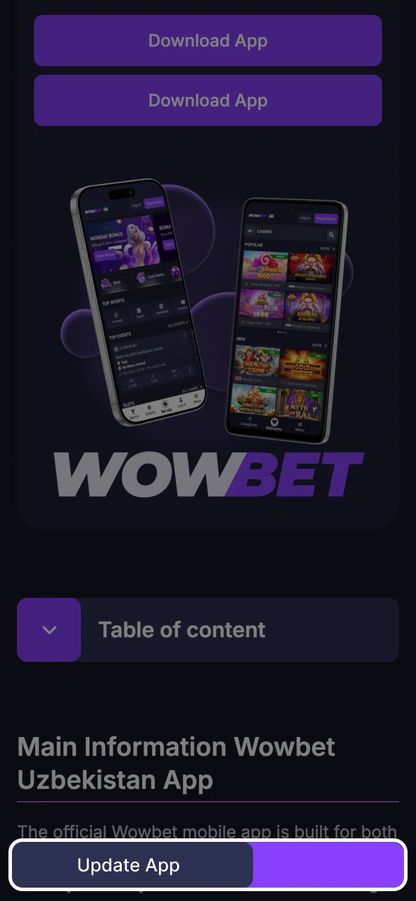 Follow the link on the Wowbet page to access the App Store.