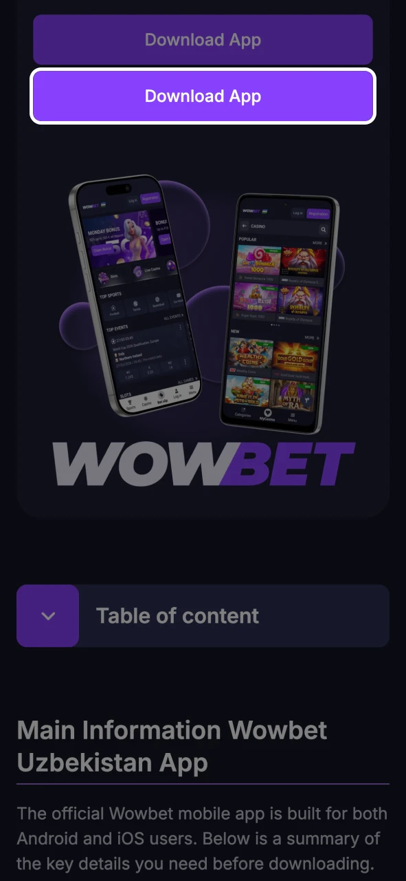 Click the button on the Wowbet page to download the APK file.