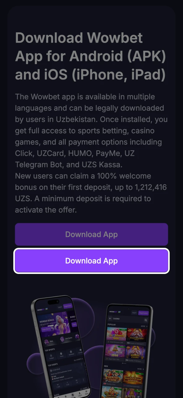 Click the download button on the Wowbet page.