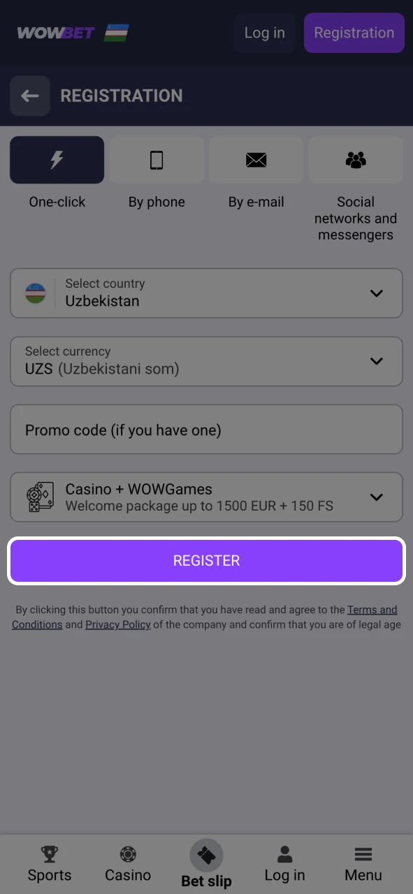 Confirm your details and complete the Wowbet registration process.