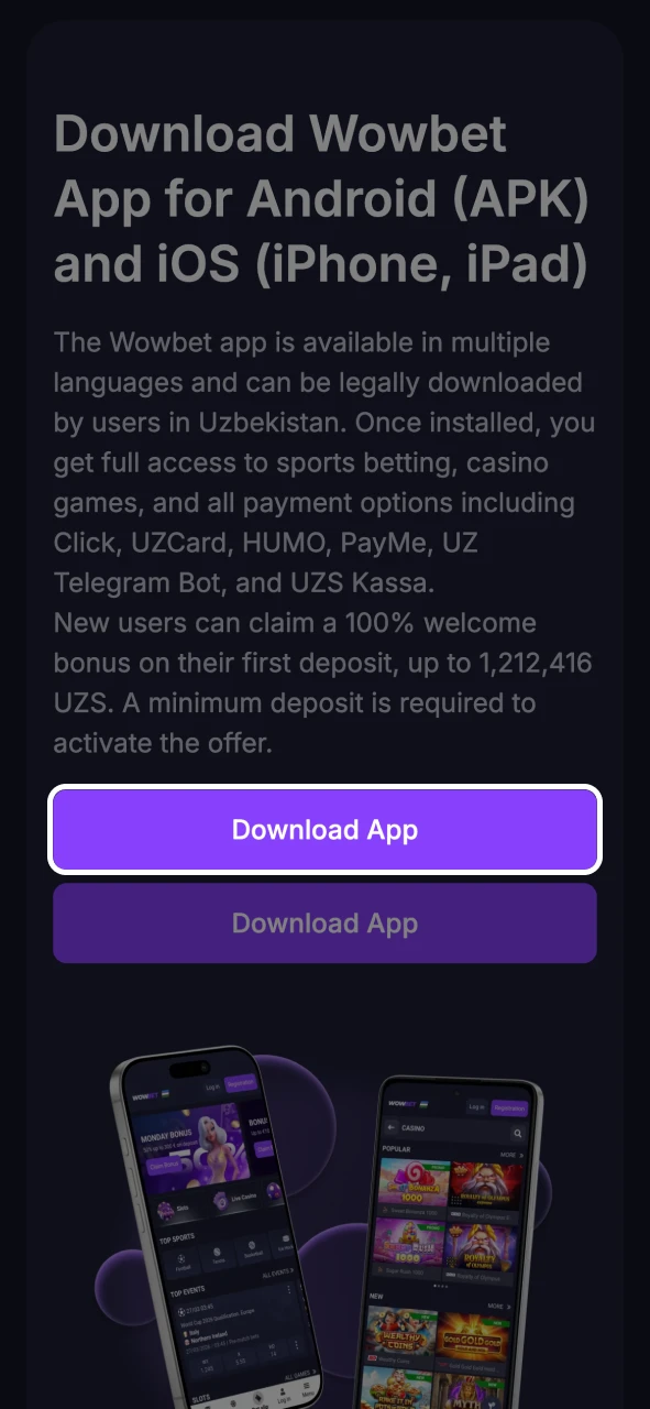 Download the Wowbet app to your device.