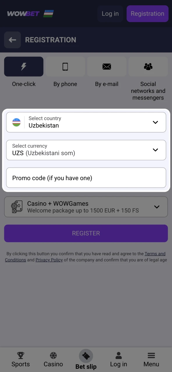 Fill out the Wowbet registration form with the required details.