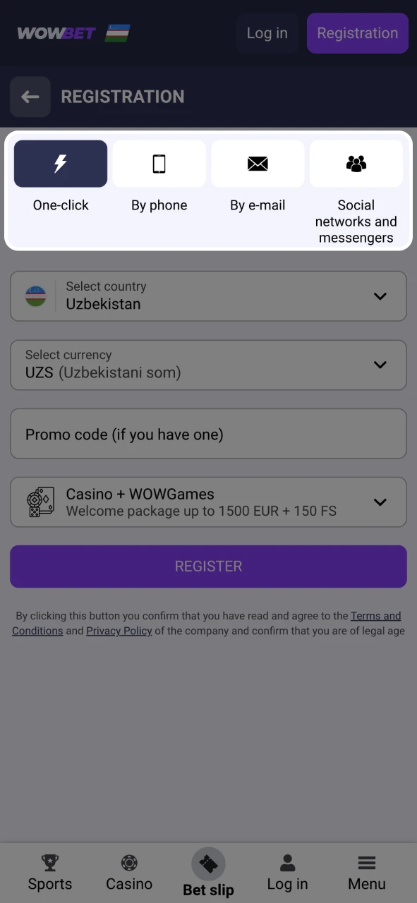 Open the Wowbet registration form and select a method.