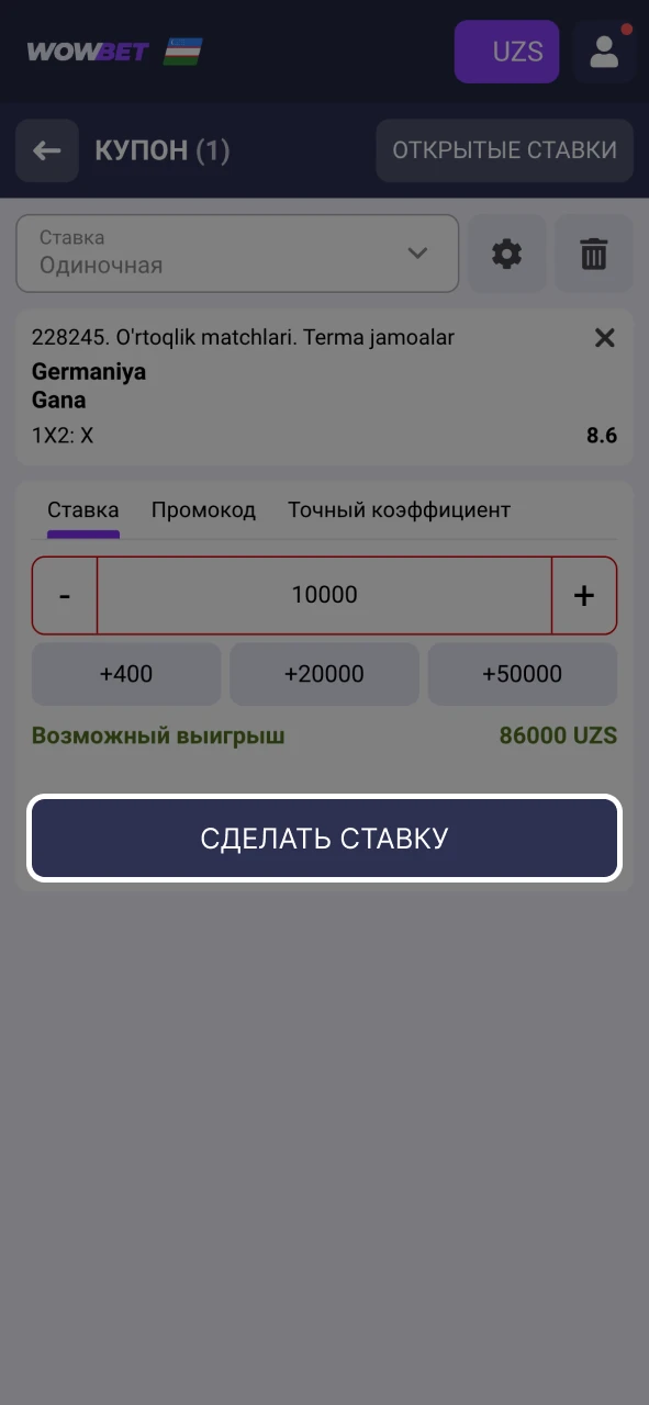 Подтвердите вашу ставку на Wowbet и ожидайте результата.