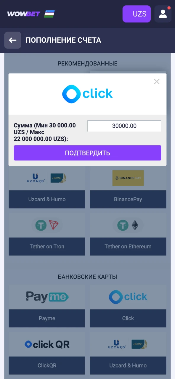Выберите удобный платежный метод на Wowbet и пополните баланс.