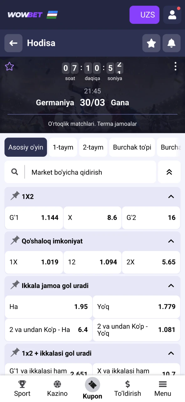 Wowbet ilovasining pul tikish bo'limida kerakli tadbirni toping.