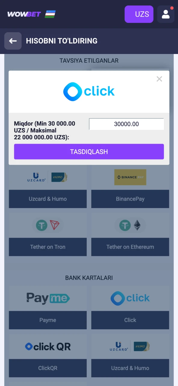 Wowbet’da qulay to‘lov usulini tanlang va hisobingizni to‘ldiring.