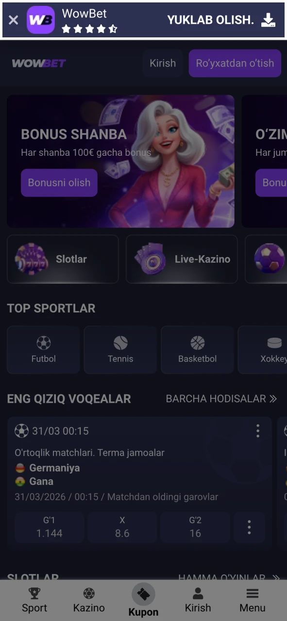 Android yoki iOS uchun Wowbet ilovasini yuklab oling.