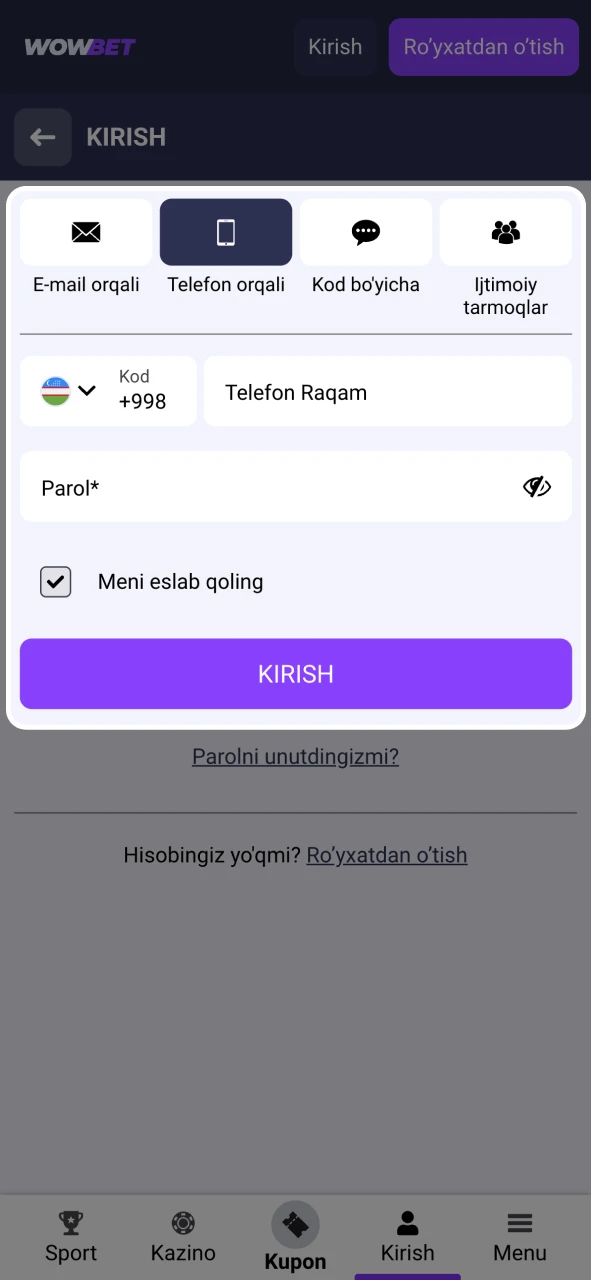 Ma'lumotlaringizdan foydalanib, Wowbet hisobingizga kiring.