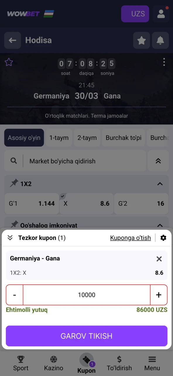 Wowbet’da garov turini va miqdorini tanlang.