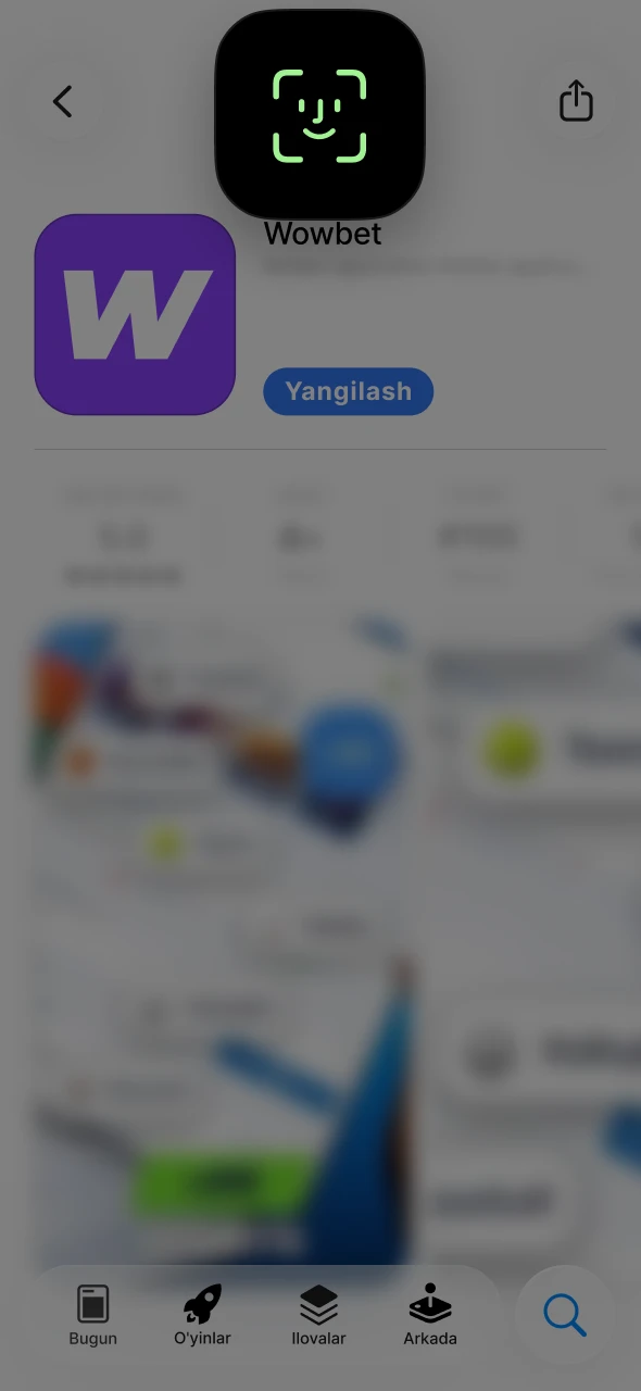 FaceID yordamida Wowbet ilovasining yangilanishini tasdiqlang.
