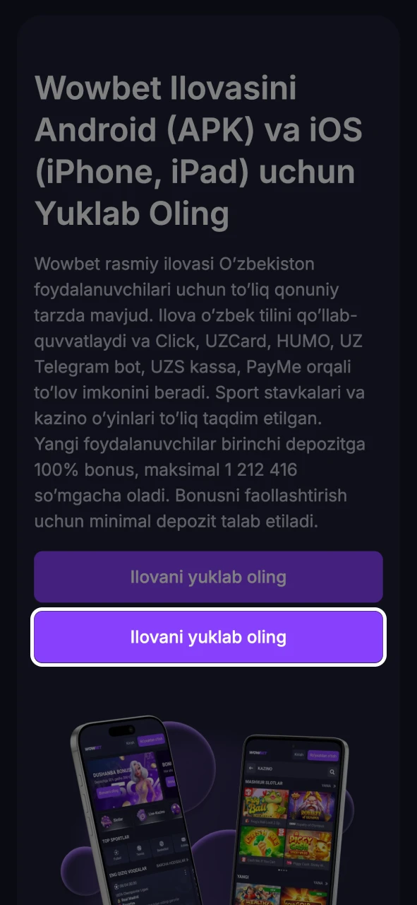 Wowbet sahifasidagi yuklab olish tugmasini bosing.