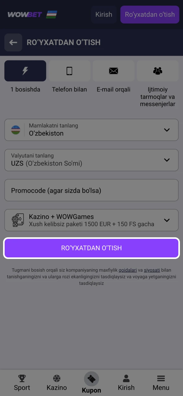 Ma'lumotlaringizni tasdiqlang va Wowbet ro'yxatdan o'tish jarayonini yakunlang.