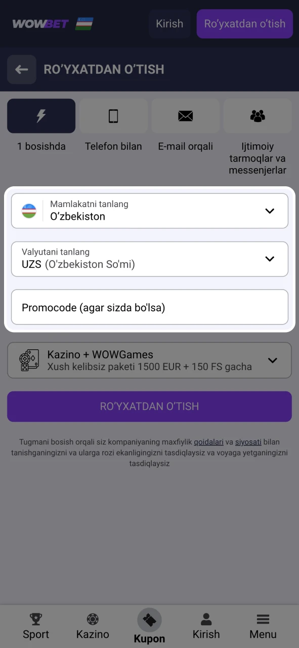 Wowbet ro'yxatdan o'tish formasini kerakli ma'lumotlar bilan to'ldiring.