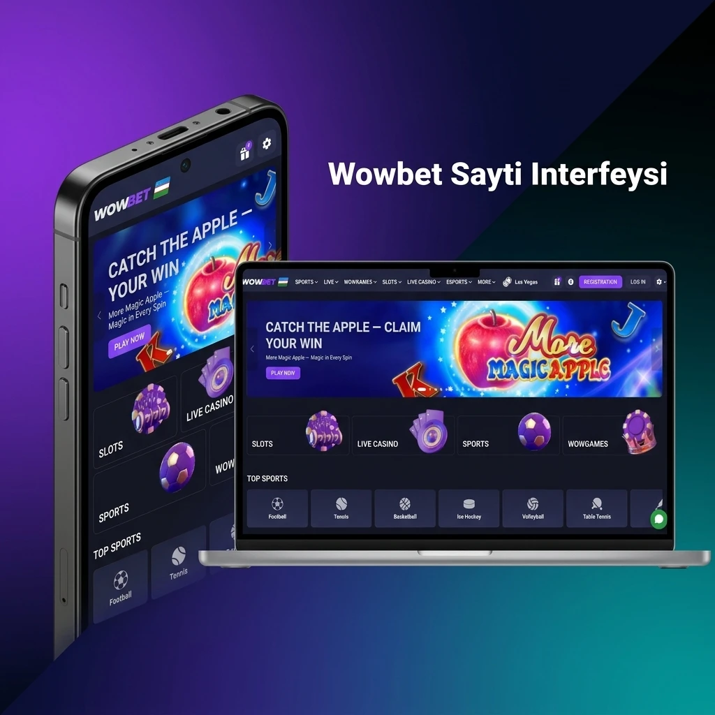 Wowbet sayti interfeysi – sport stavkalari, kazino va bonuslar bo'limlari mavjud qulay navigatsiya paneli