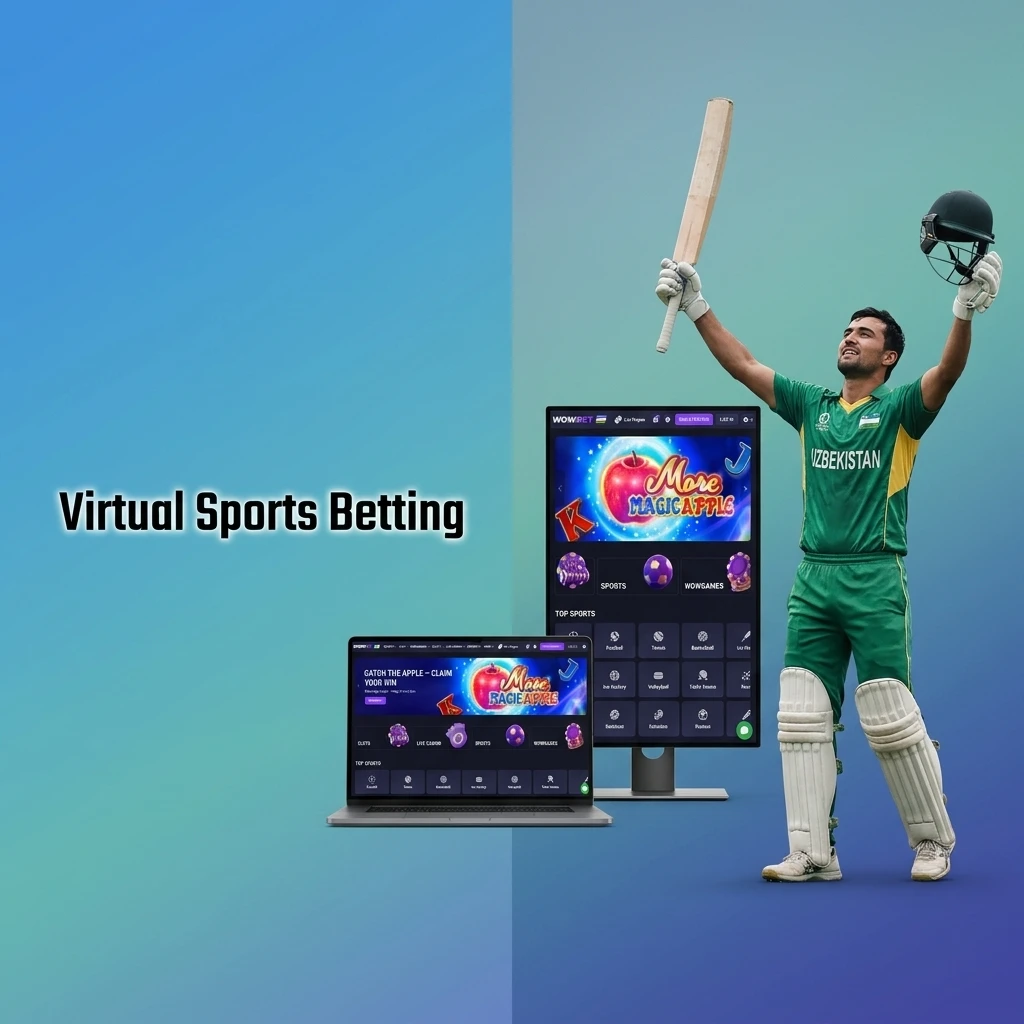 Virtual sports betting interface showing football, horse racing, basketball, and tennis simulations on Wowbet Uzbekistan