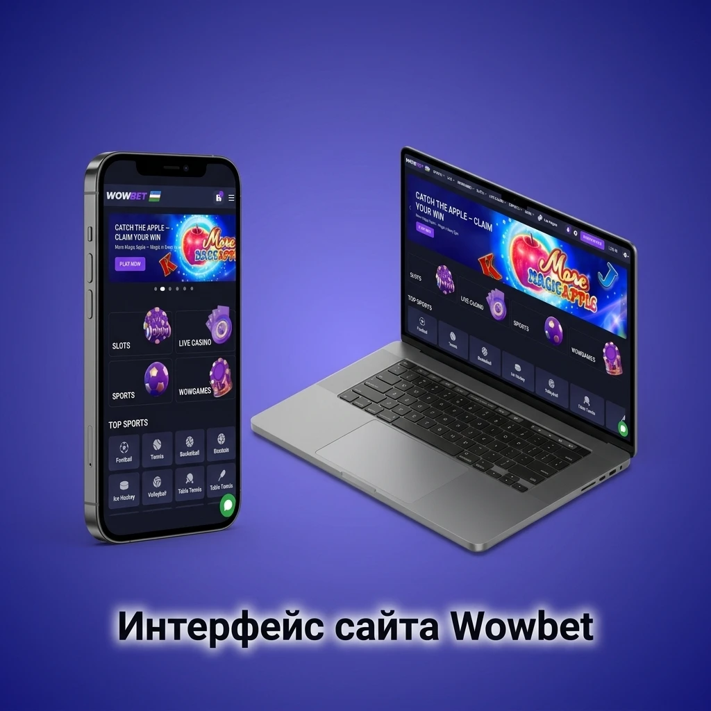 Главная страница сайта Wowbet с навигацией: спорт, казино, киберспорт и кнопки входа